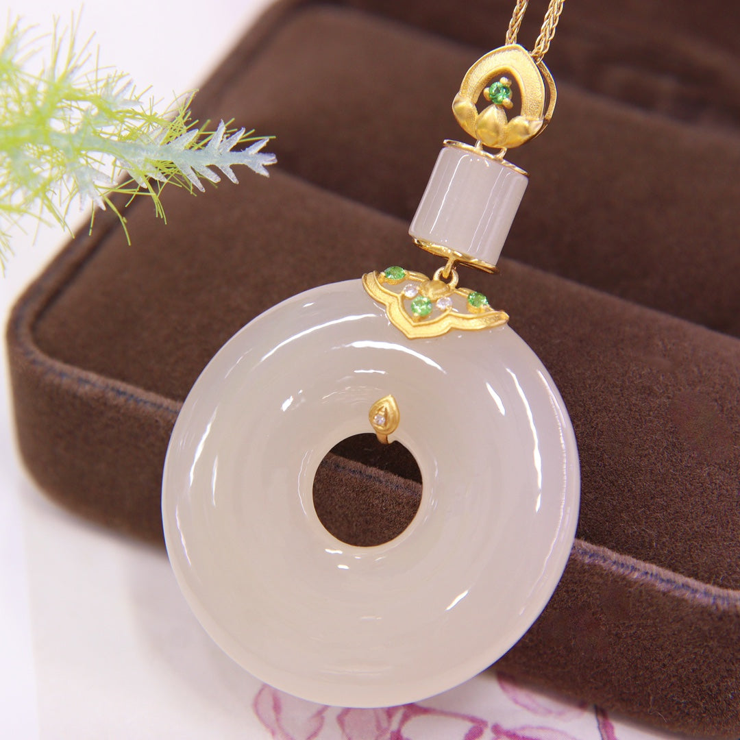 A0822 Excellent Chinese 18K Gold Inlay Hetian Jade Lucky Pendant