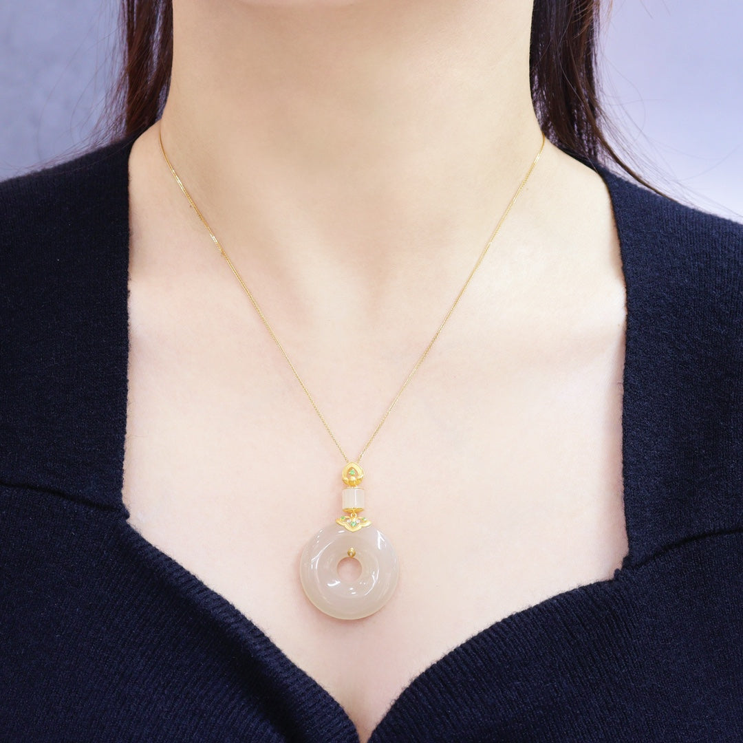 A0822 Excellent Chinese 18K Gold Inlay Hetian Jade Lucky Pendant