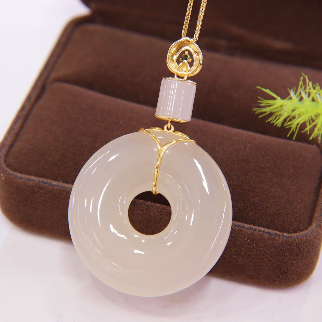A0822 Excellent Chinese 18K Gold Inlay Hetian Jade Lucky Pendant