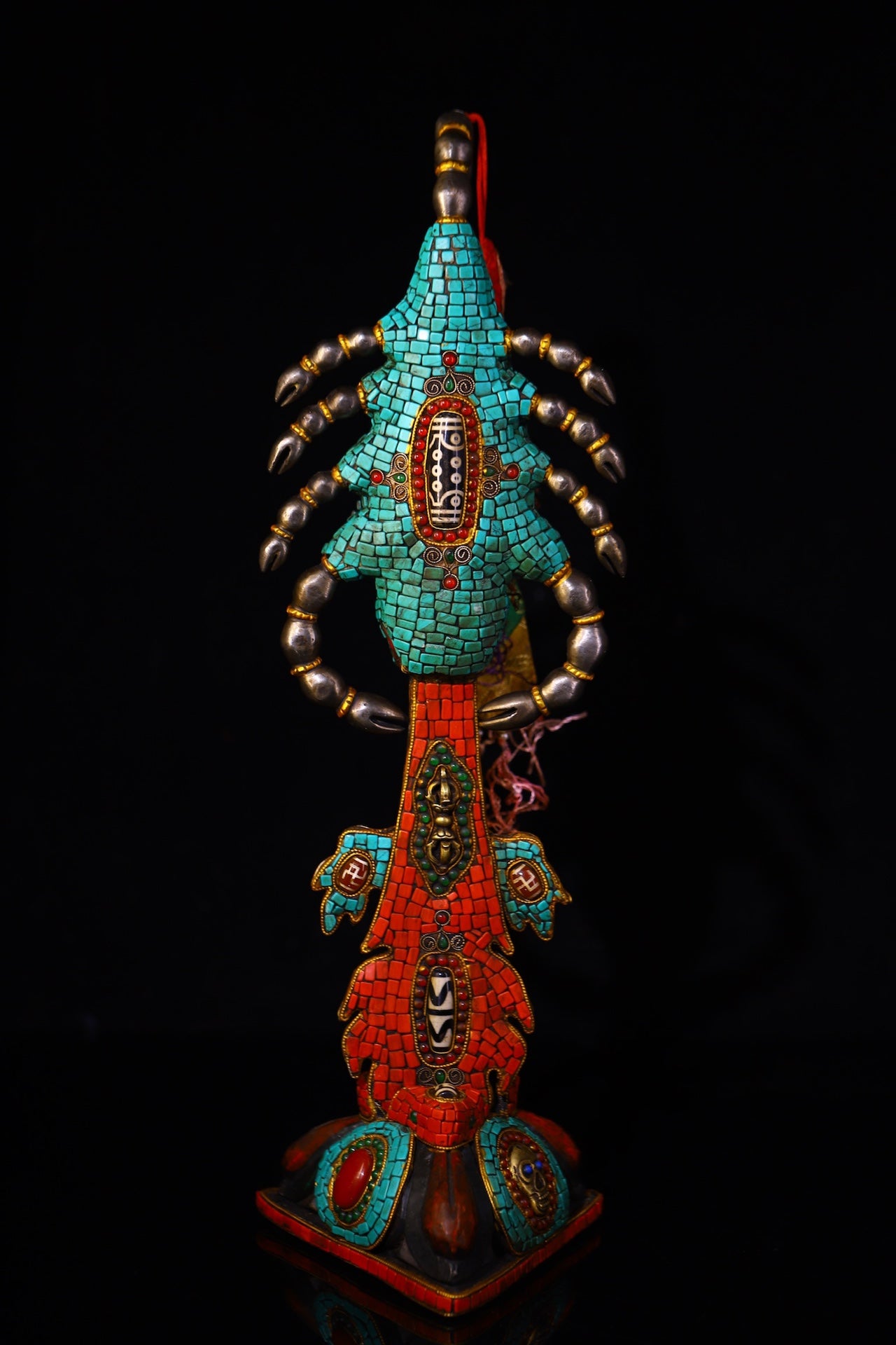 A0830 Vintage Tibetan Gilt Gold Copper Inlay Turquoise & Gems & DZI Agate Dharma-vessel