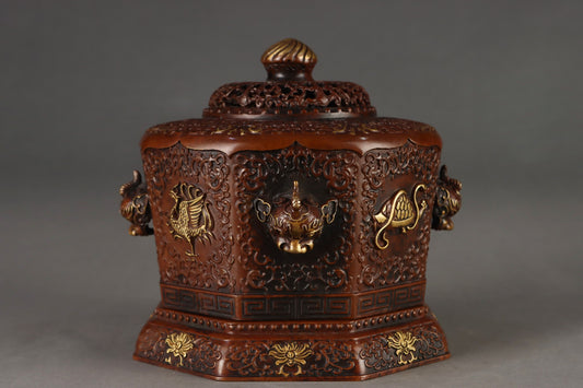 A0836 Vintage Chinese Gilt Gold Copper Four Divine Beast Octagonal Shape Incense Burner