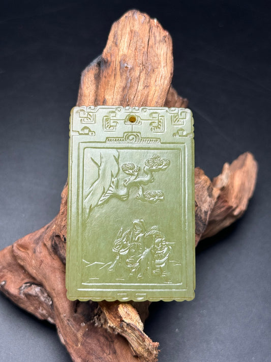 A0838 Chinese Natural Hetian Jade Low Relief Pine Tree & Figure Design Pendant