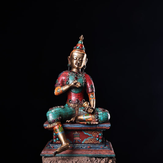 A0847 Tibetan Buddhism Gilt Gold Copper Inlay Turquoise & Gems Vajrapani Statue