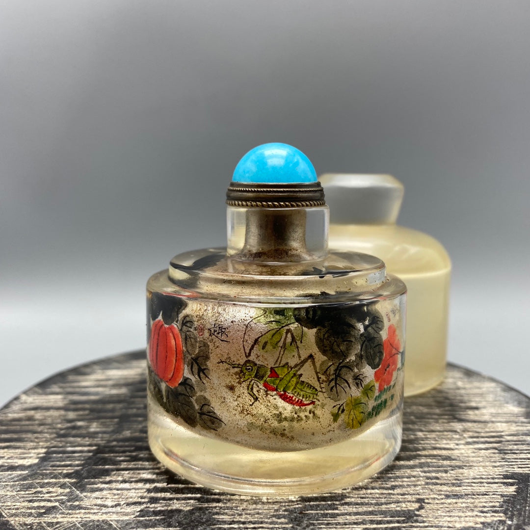 A0848 Old Chinese Peking Glass Inside Painting Locust Design Snuff Bottle w Lid