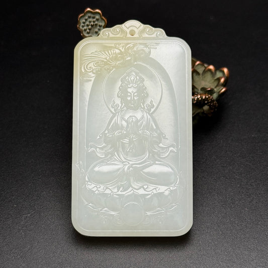 A0849 Chinese White Hetian Jade Low Relief Kwan-yin Pendant