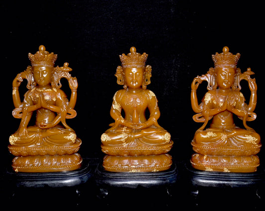 A0865 A Set Three Chinese Shoushan Tianhuang Stone Carved Buddha Statue