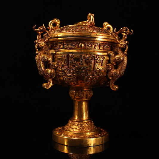 A0867 Vintage Chinese Gilt Gold Copper High Relief Fortune Dragon Pot