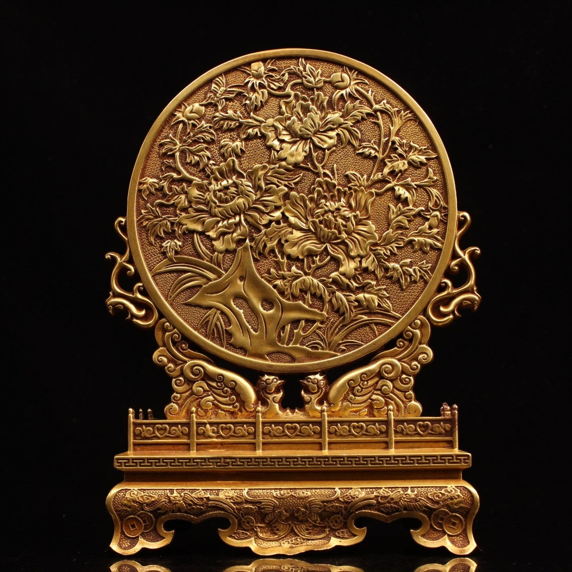 A0871 Vintage Chinese Gilt Gold Copper Low Relief Peony Design Screen