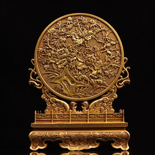 A0871 Vintage Chinese Gilt Gold Copper Low Relief Peony Design Screen