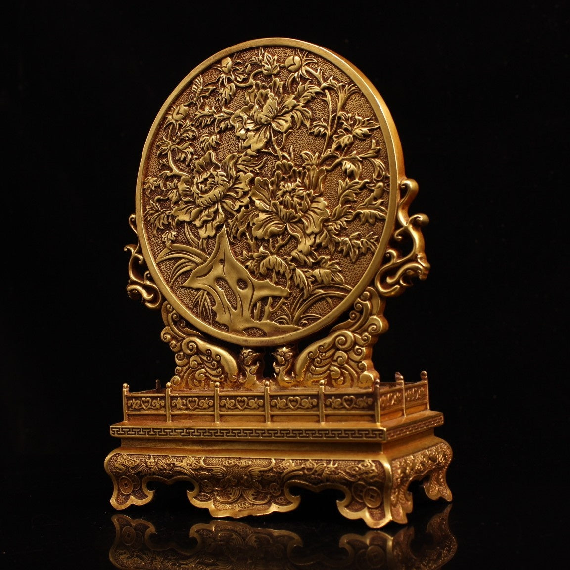 A0871 Vintage Chinese Gilt Gold Copper Low Relief Peony Design Screen