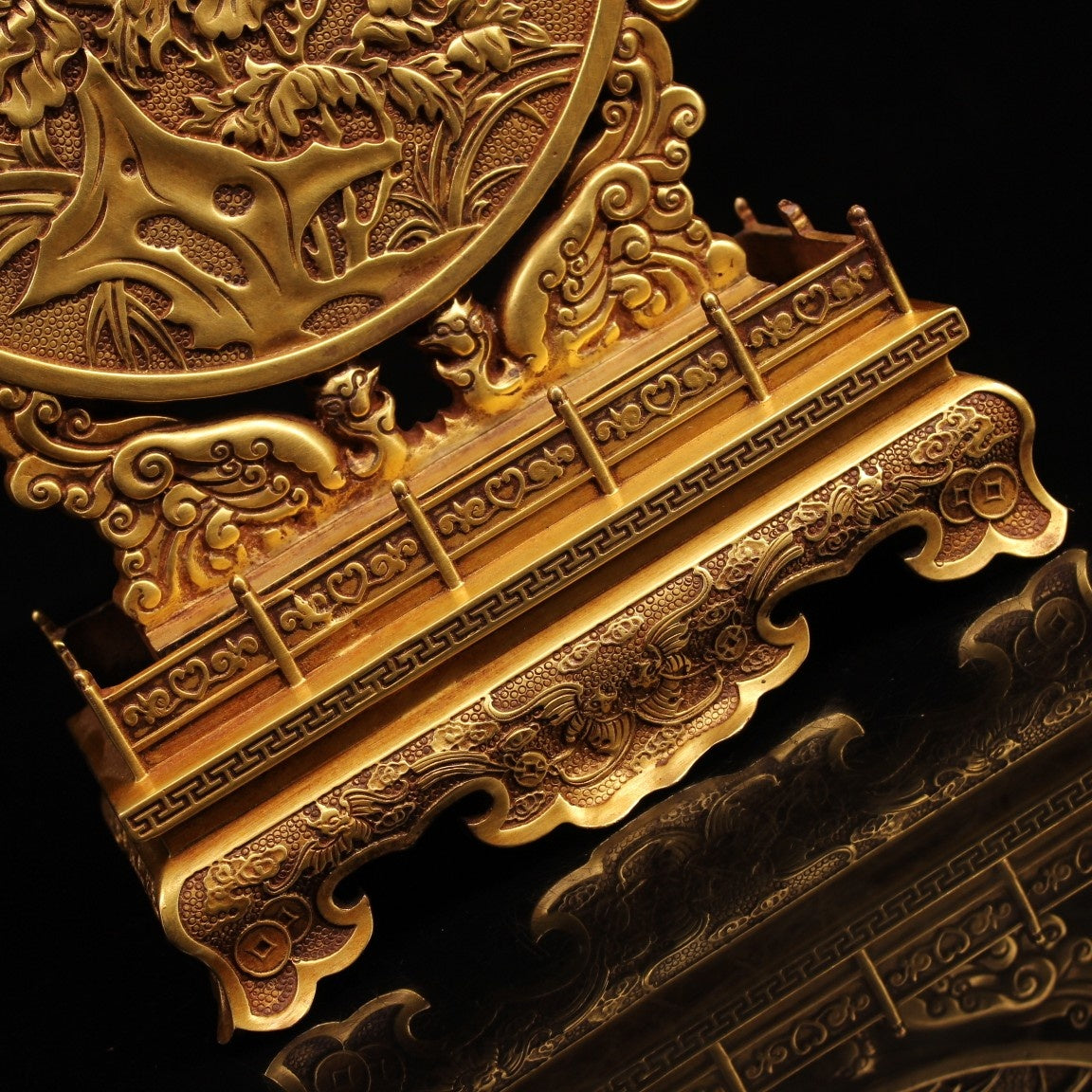 A0871 Vintage Chinese Gilt Gold Copper Low Relief Peony Design Screen