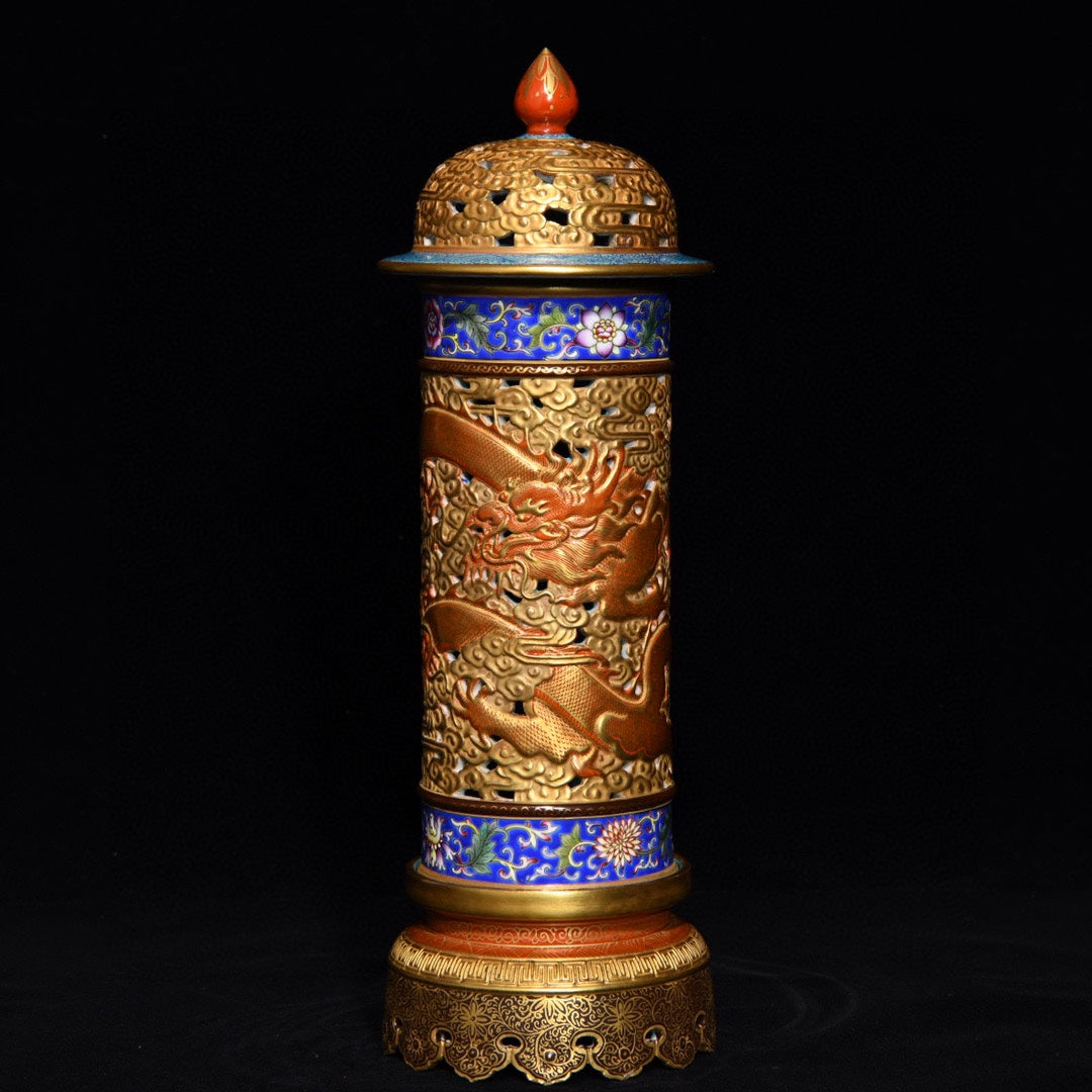 A0874 Openwork Chinese Gilt Gold Iron Red Glaze Clouds Dragon Design Incense Burner