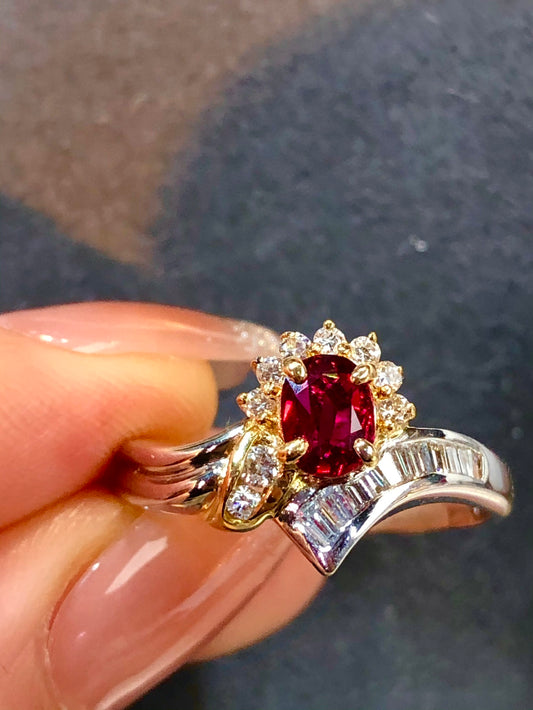 A0877 Exquisite 18K Gold Inlay Ruby & Diamond Ring