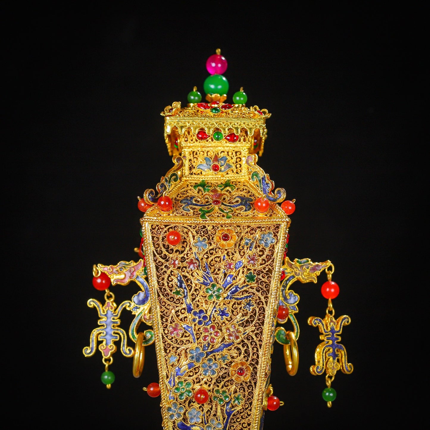 A0878 A Pair Exquisite Gold Wires Enamel Inlay Gems Vase