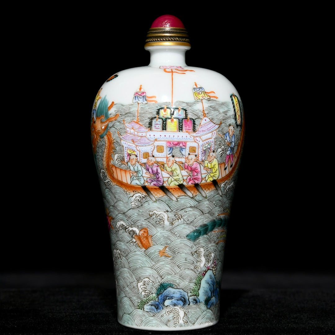 A0880 Chinese Qing Dynasty Gilt Edge Famille Rose Loong Boat & Figure Design Porcelain Snuff Bottle