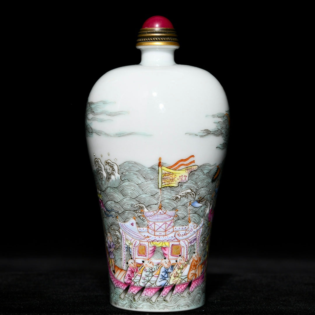 A0880 Chinese Qing Dynasty Gilt Edge Famille Rose Loong Boat & Figure Design Porcelain Snuff Bottle