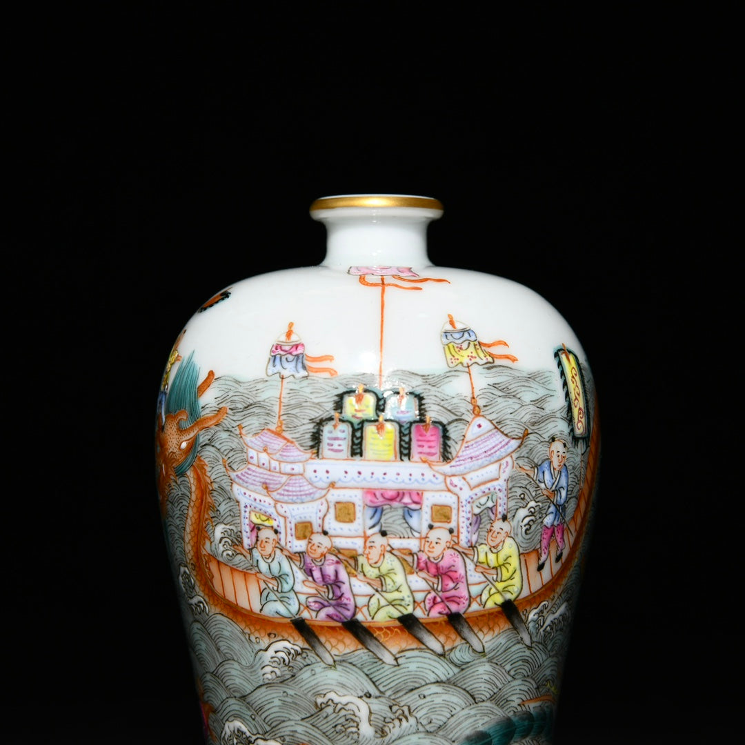 A0880 Chinese Qing Dynasty Gilt Edge Famille Rose Loong Boat & Figure Design Porcelain Snuff Bottle