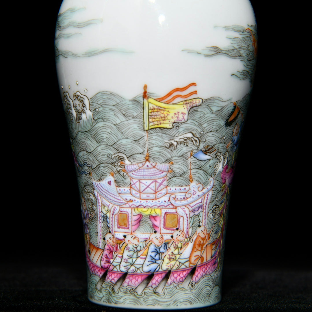 A0880 Chinese Qing Dynasty Gilt Edge Famille Rose Loong Boat & Figure Design Porcelain Snuff Bottle