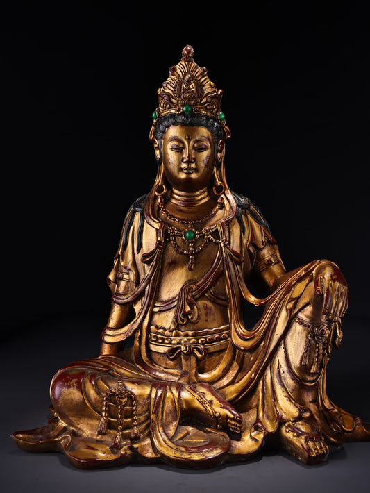 A0883 Vintage Chinese Gilt Gold Bronze Inlay Gem Kwan-yin Statue