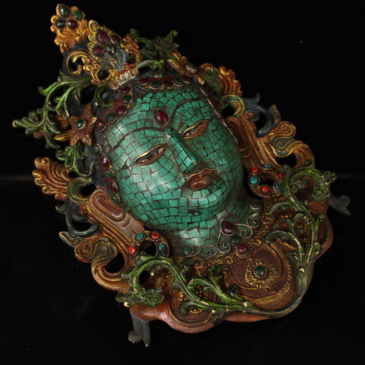 A0896 Tibetan Buddhism Gilt Gold Copper Inlay Turquoise & Gems Tara Mask Wall-mounted