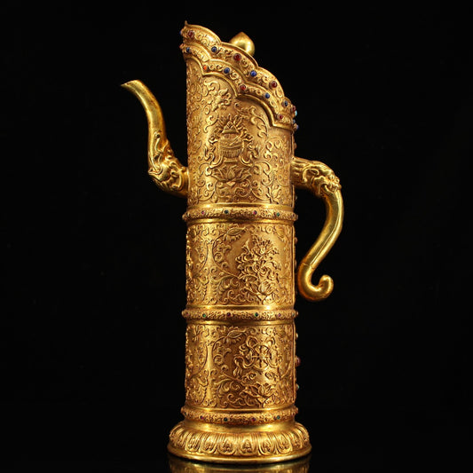 A0900 Vintage Chinese Gilt Gold Copper Inlay Gems Wine Pot