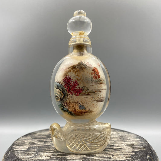 A0904 Old Chinese Crystal Inside Painting Mountain River Scene Design Snuff Bottle w Stopper