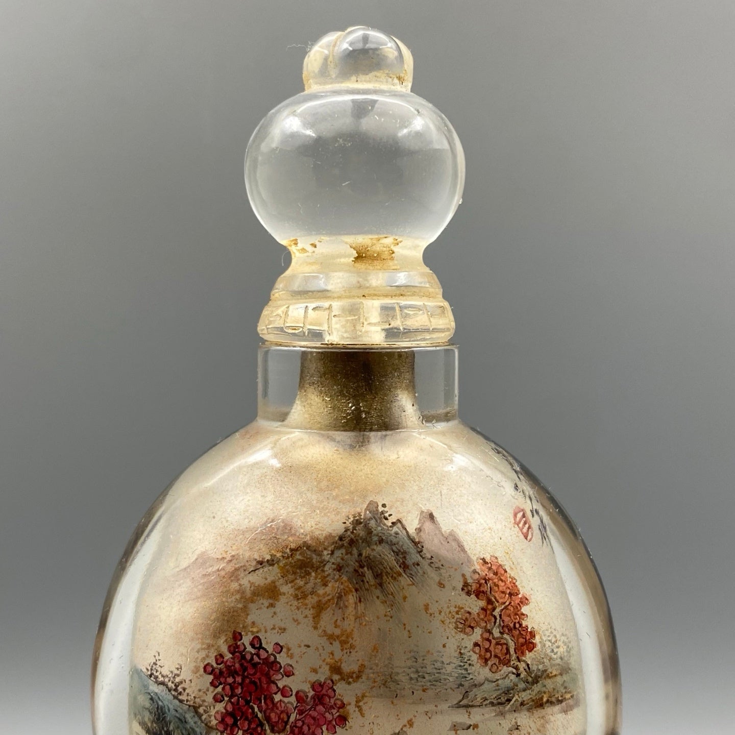 A0904 Old Chinese Crystal Inside Painting Mountain River Scene Design Snuff Bottle w Stopper