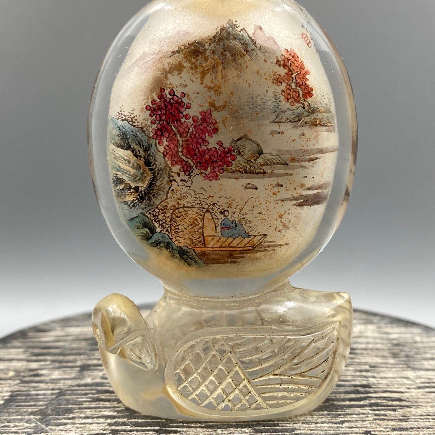 A0904 Old Chinese Crystal Inside Painting Mountain River Scene Design Snuff Bottle w Stopper