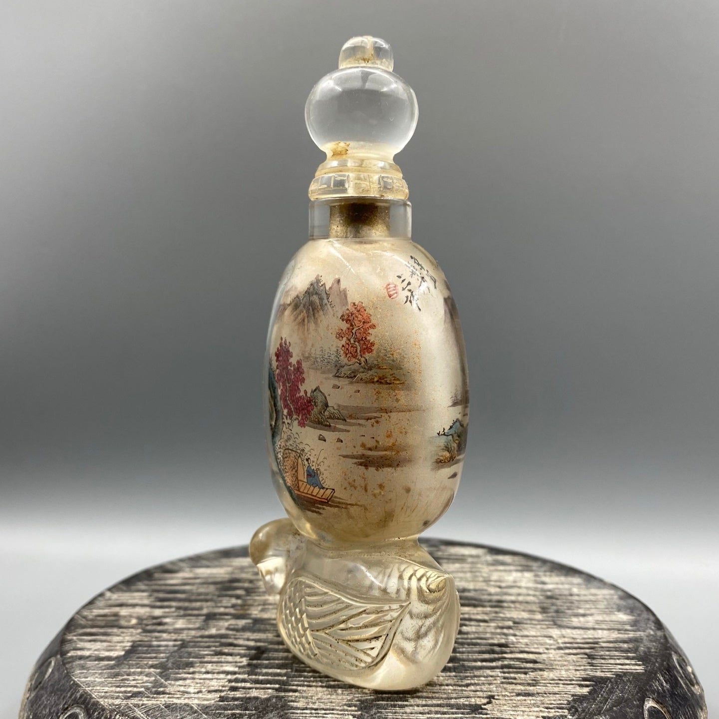 A0904 Old Chinese Crystal Inside Painting Mountain River Scene Design Snuff Bottle w Stopper