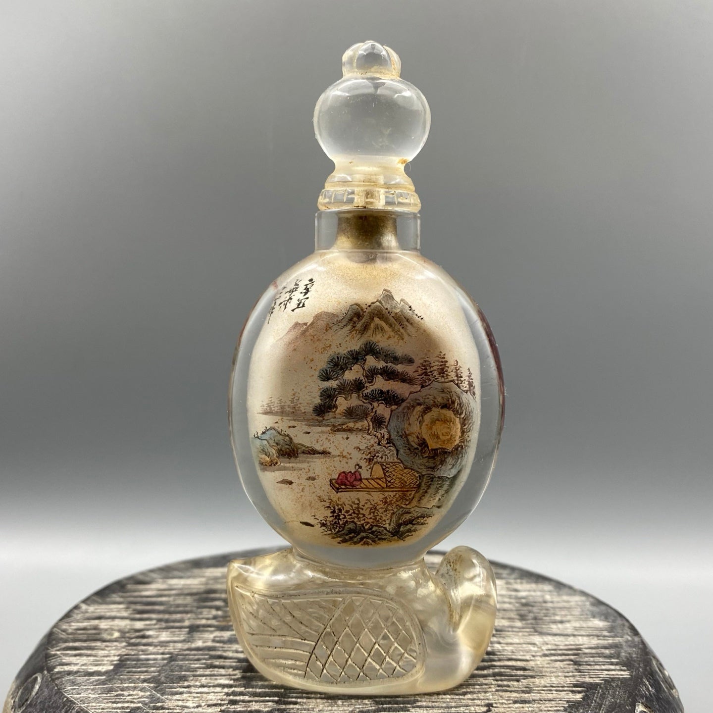 A0904 Old Chinese Crystal Inside Painting Mountain River Scene Design Snuff Bottle w Stopper