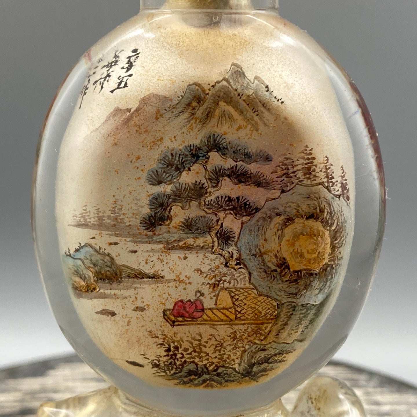 A0904 Old Chinese Crystal Inside Painting Mountain River Scene Design Snuff Bottle w Stopper