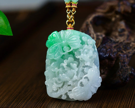 A0907 Exquisite Jadeite Carved Butterfly & Flowers Pendant w Beads Necklace