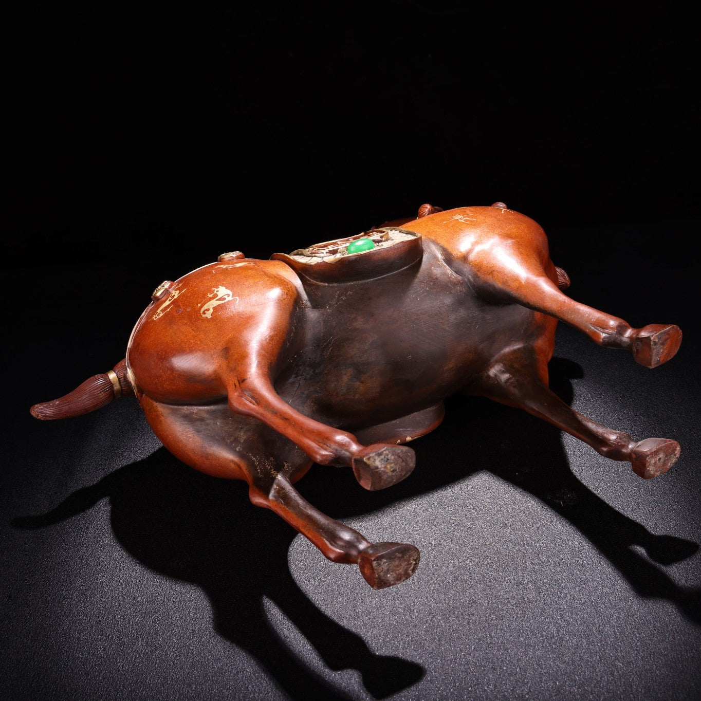 A0908 Chinese Silver Plated Gilt Gold Copper Inlay Green Jade Fortune Horse Statue