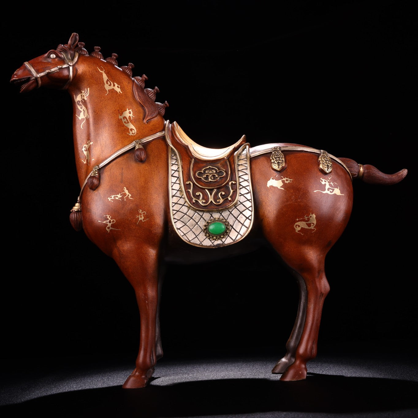 A0908 Chinese Silver Plated Gilt Gold Copper Inlay Green Jade Fortune Horse Statue