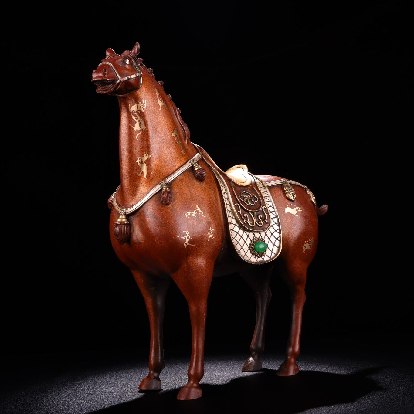 A0908 Chinese Silver Plated Gilt Gold Copper Inlay Green Jade Fortune Horse Statue