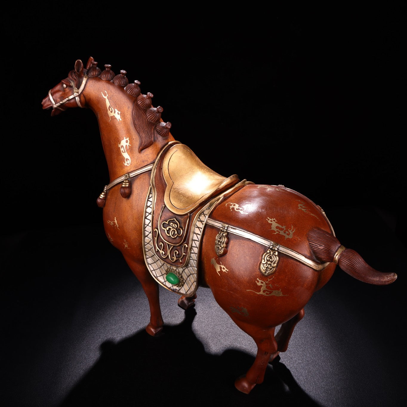A0908 Chinese Silver Plated Gilt Gold Copper Inlay Green Jade Fortune Horse Statue