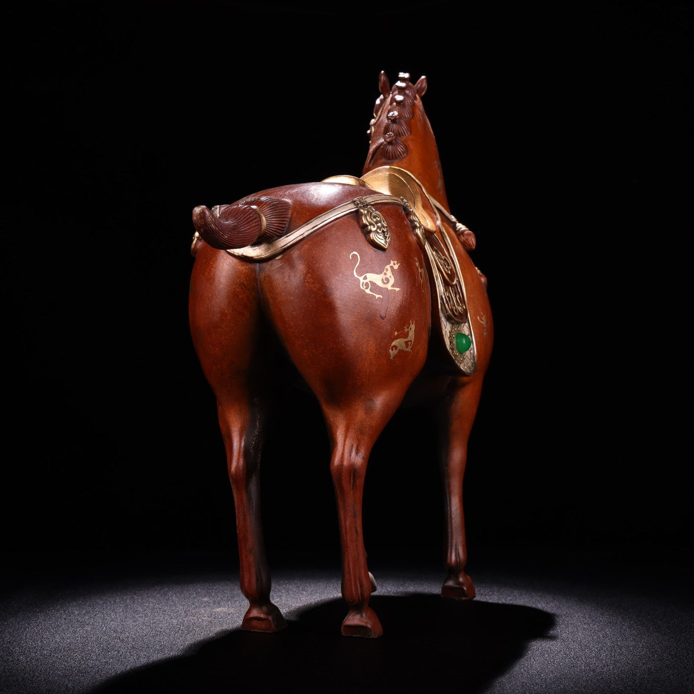 A0908 Chinese Silver Plated Gilt Gold Copper Inlay Green Jade Fortune Horse Statue