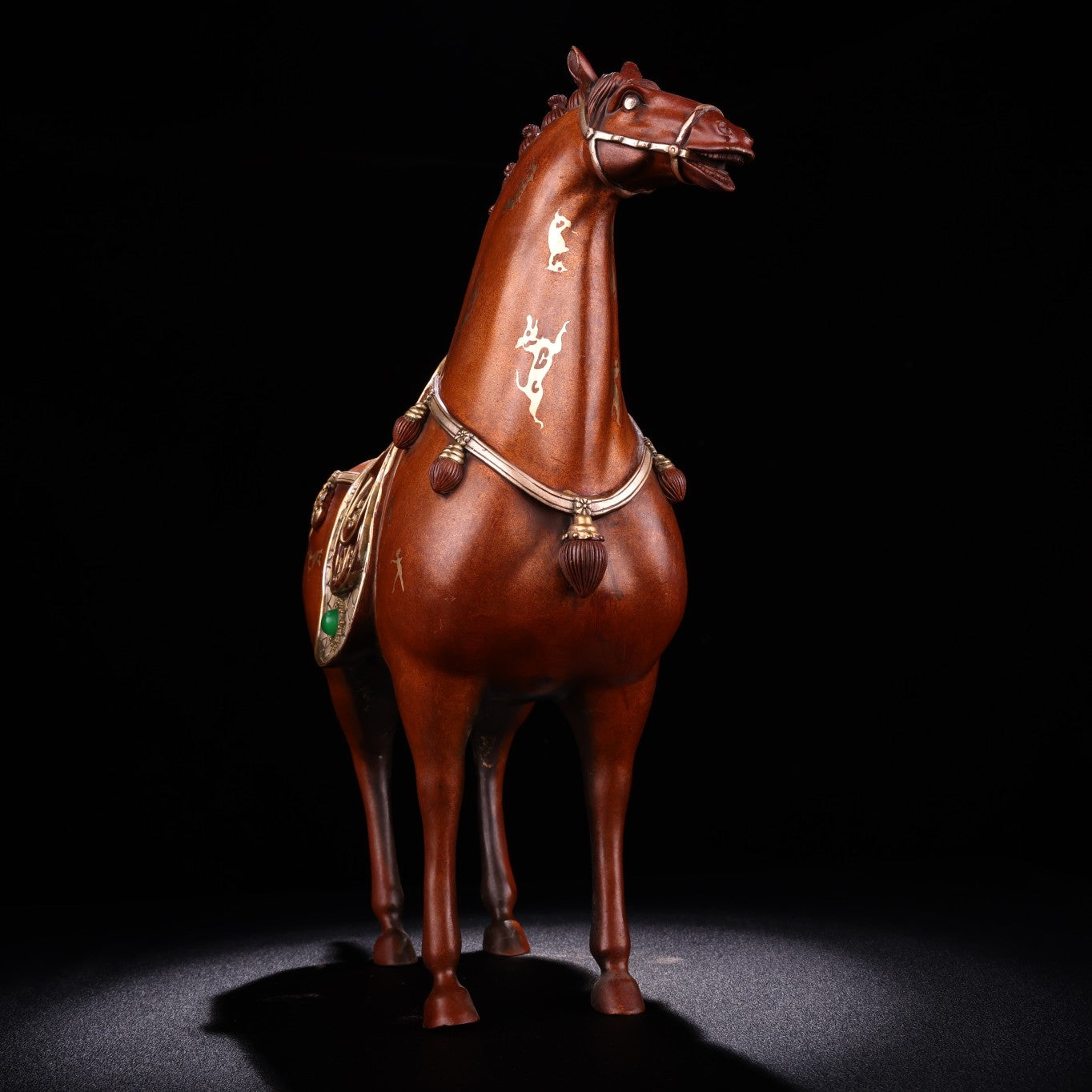 A0908 Chinese Silver Plated Gilt Gold Copper Inlay Green Jade Fortune Horse Statue