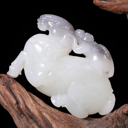 A0914 Superb Chinese White Hetian Jade Carved Horse & Monkey Statue/Pendant w Certificate