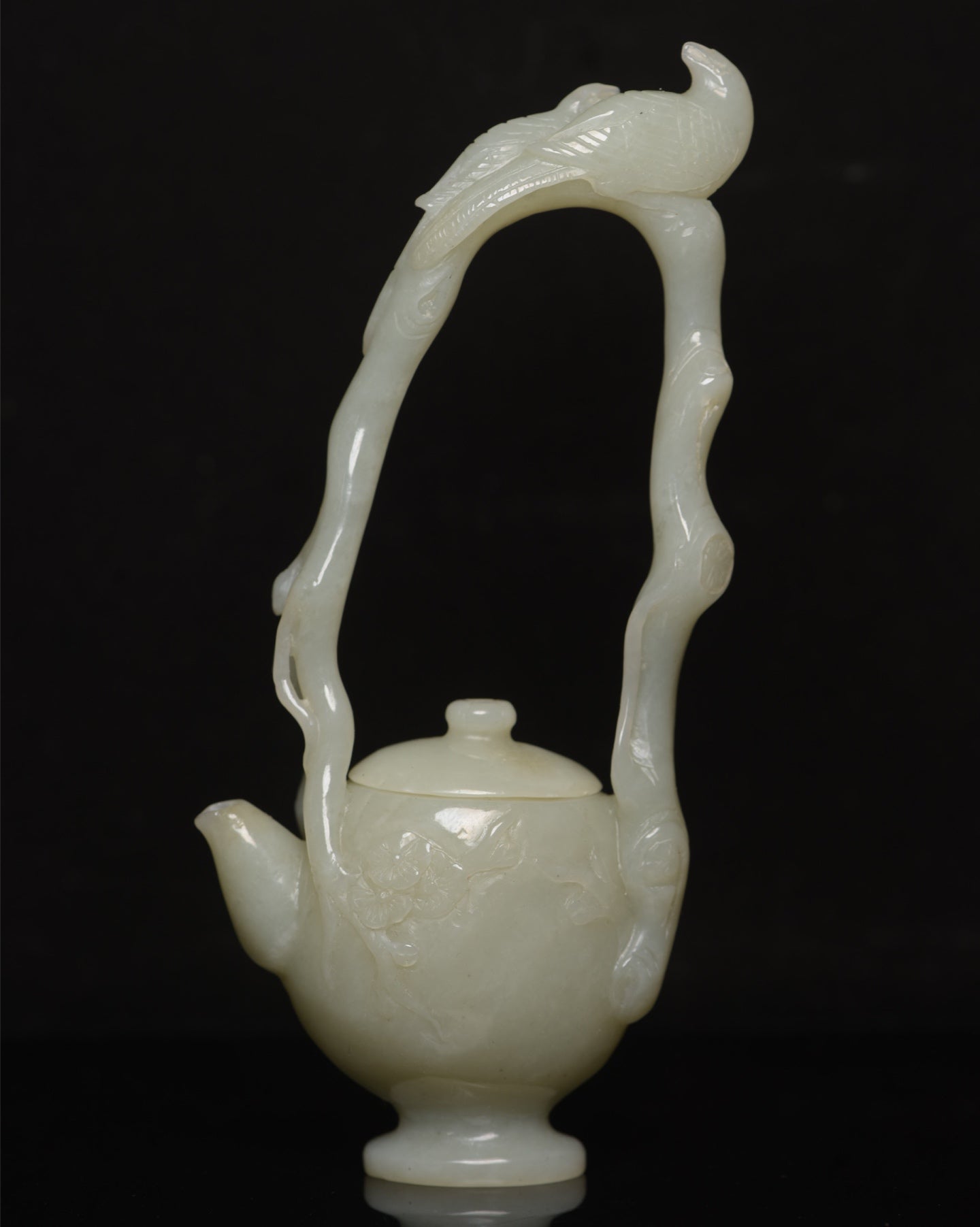 A0918 Superb Chinese Hetian Jade Carved Magpie Handle Teapot