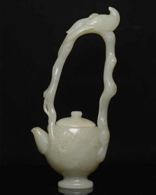 A0918 Superb Chinese Hetian Jade Carved Magpie Handle Teapot