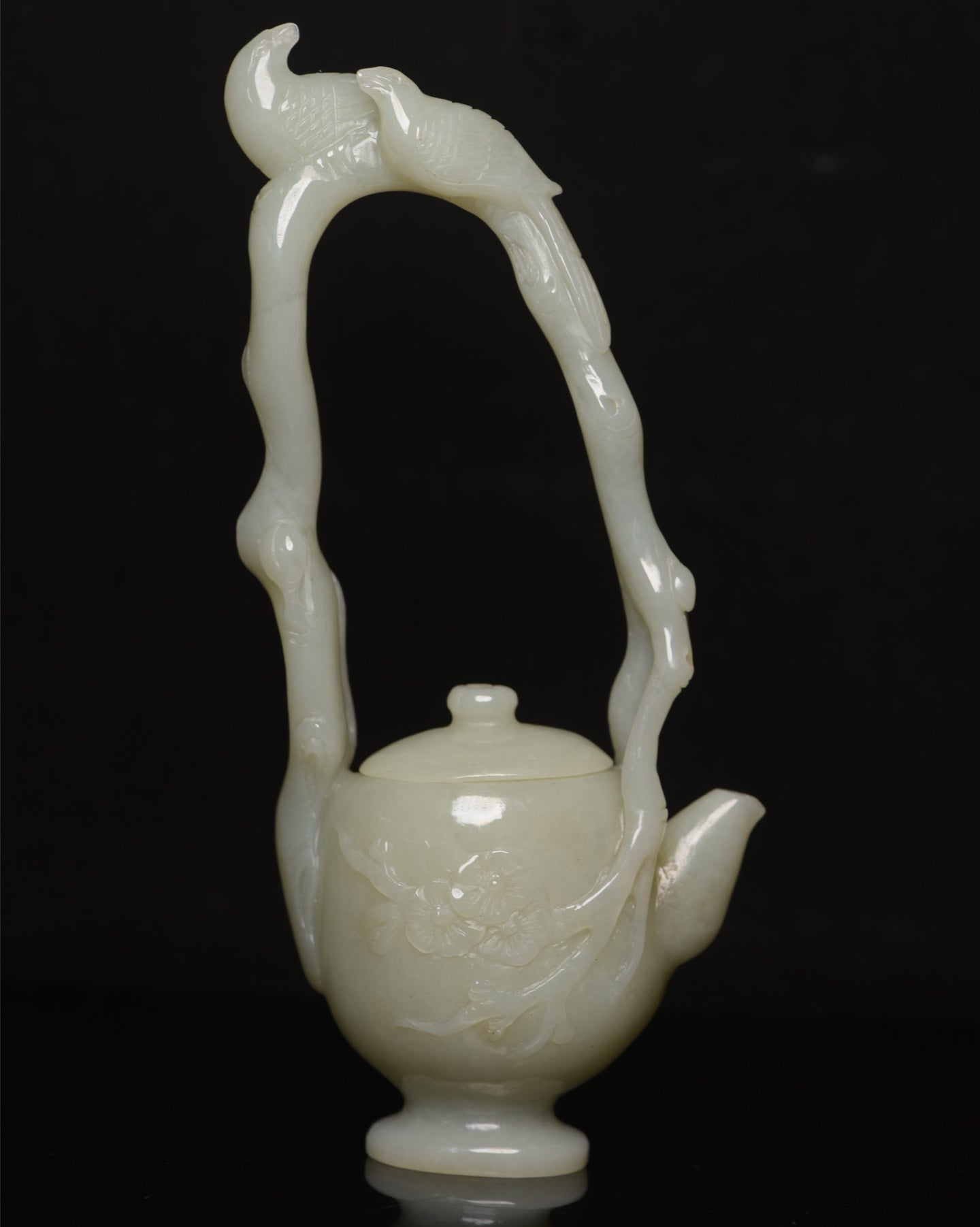 A0918 Superb Chinese Hetian Jade Carved Magpie Handle Teapot