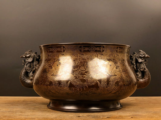 A0919 Vintage Chinese Copper Inlay Silver Wires Double Ears Phoenix Incense Burner