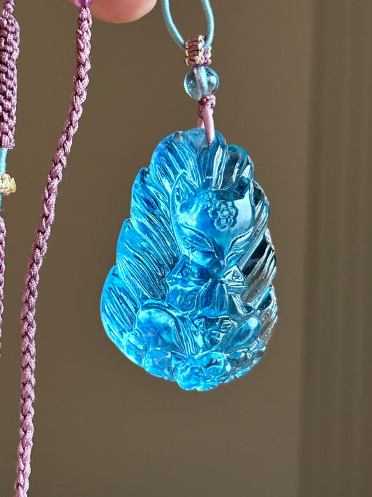 A0921 Beautiful Aquamarine Carved Nine-tailed Fox Pendant