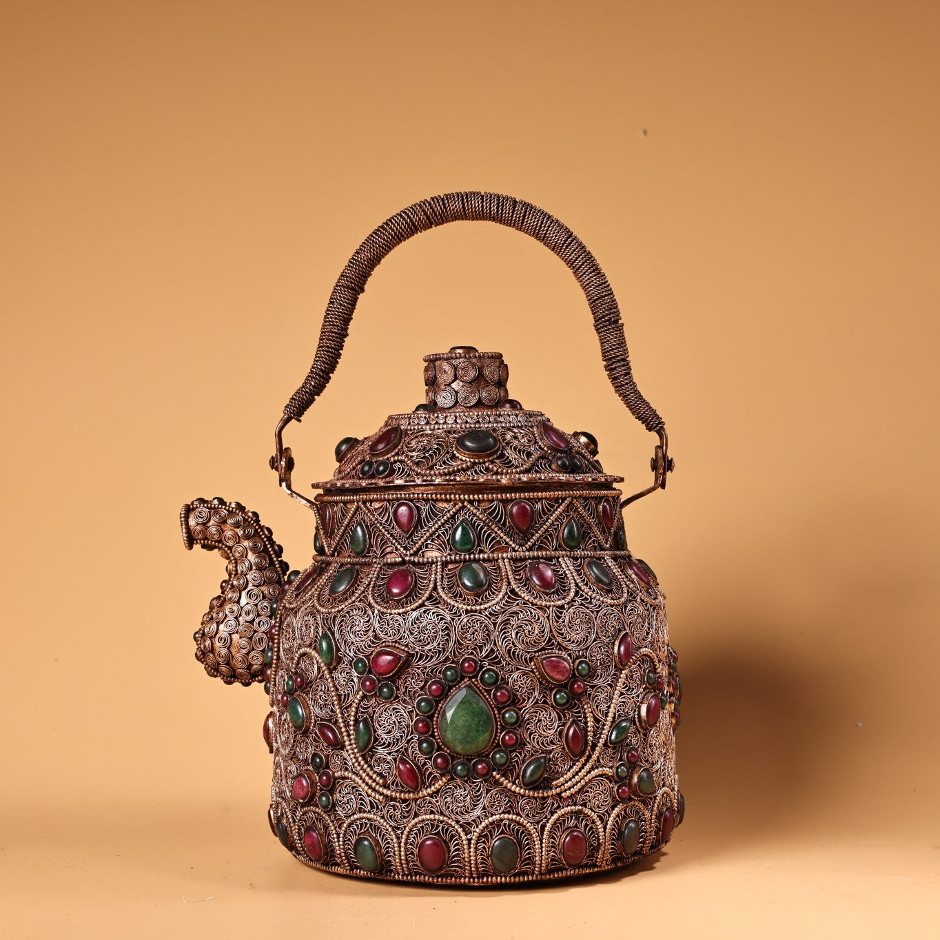 A0922 Tibetan Silver Wires Inlay Gems Handle Teapot