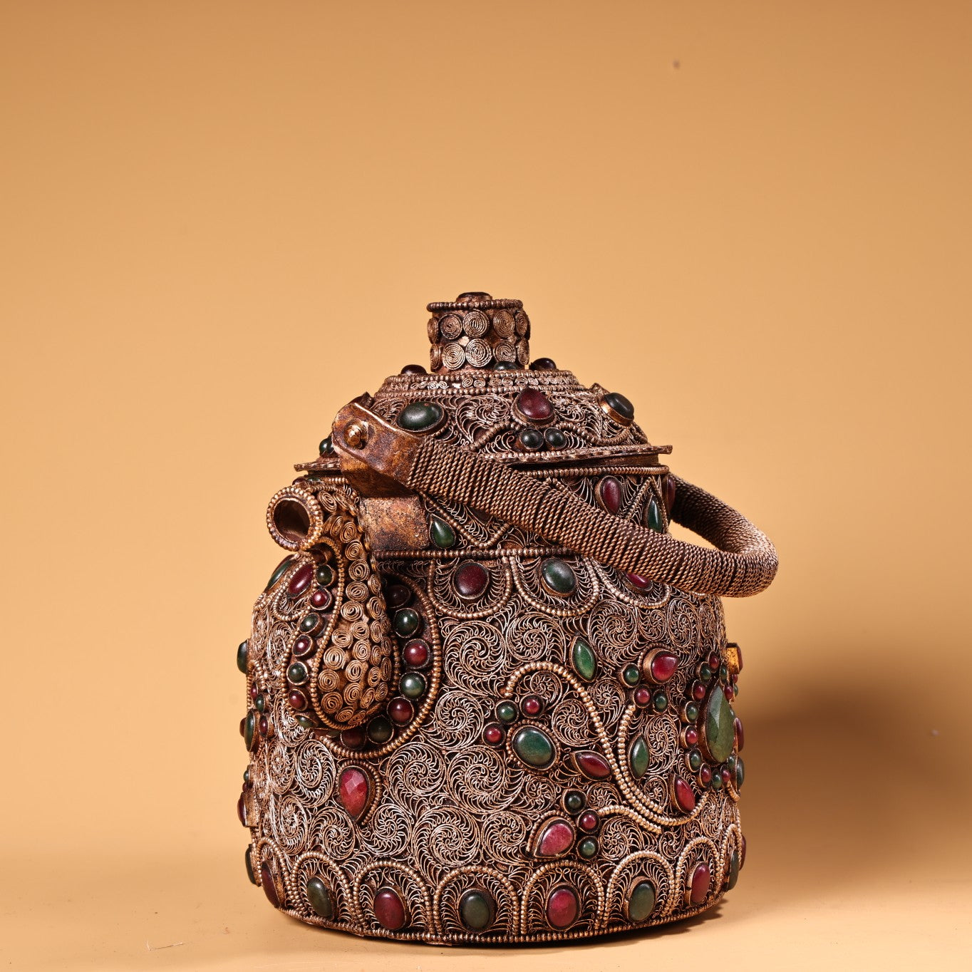 A0922 Tibetan Silver Wires Inlay Gems Handle Teapot