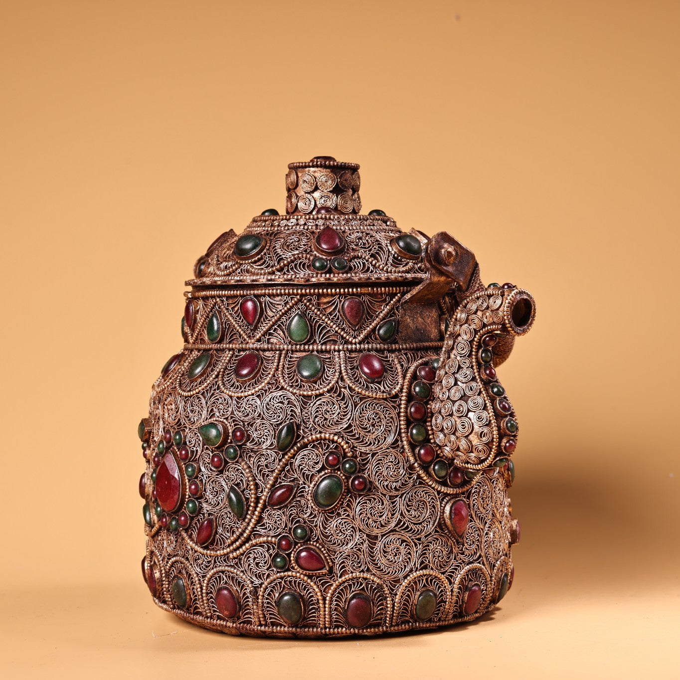 A0922 Tibetan Silver Wires Inlay Gems Handle Teapot