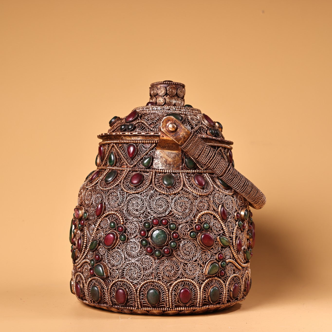 A0922 Tibetan Silver Wires Inlay Gems Handle Teapot