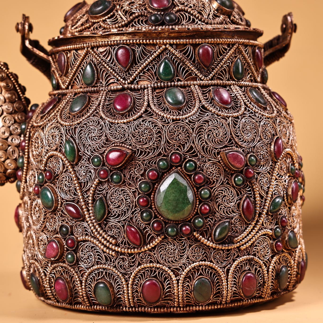 A0922 Tibetan Silver Wires Inlay Gems Handle Teapot
