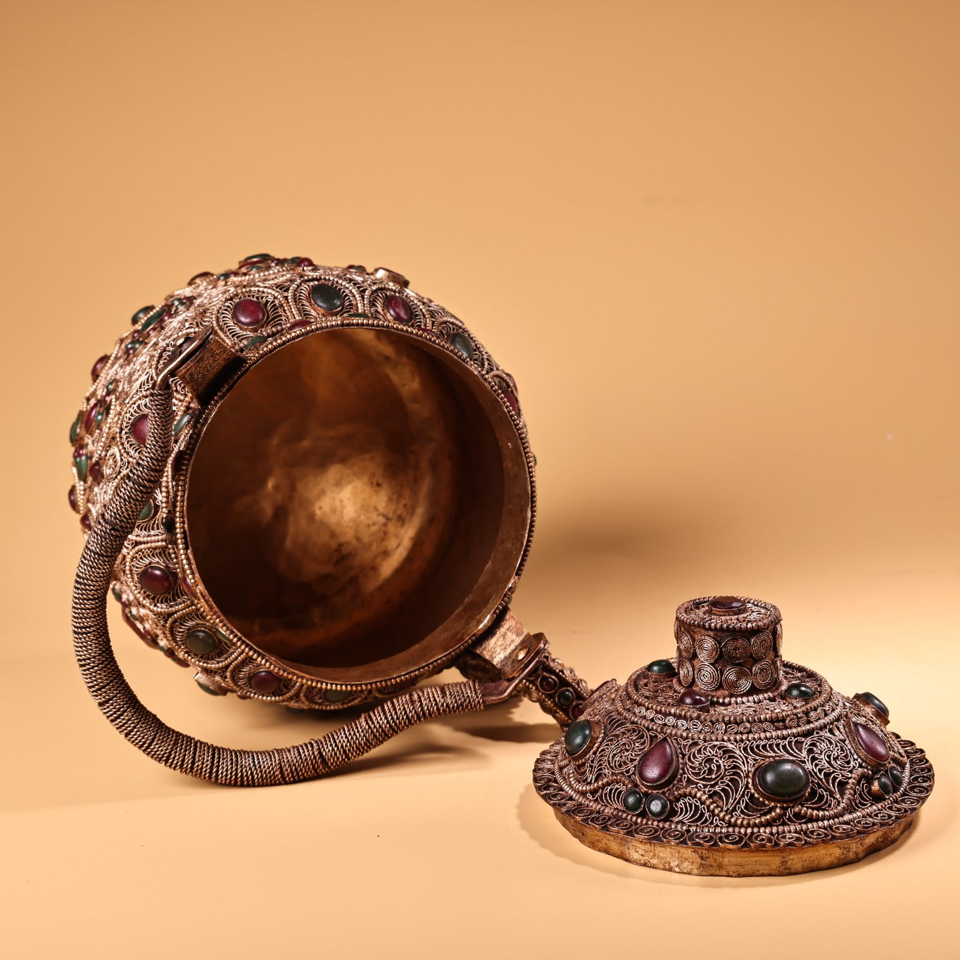 A0922 Tibetan Silver Wires Inlay Gems Handle Teapot